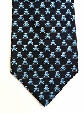 Faconnable 100% Silk Tie Teddy Bear Pattern Tie Navy Blue Luxury Novelty Necktie